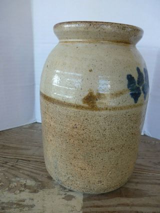 Rare ANTIQUE 1800 ' s Early American STONEWARE CROCK Jar FLORAL COBALT Decorated 3