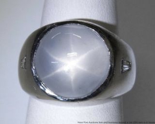 15ct Natural No Heat Star Sapphire Diamond 14k Mens Ring 16g White Gold Vintage