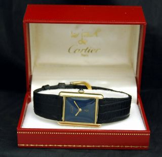 1970s Cartier Blue Lapis Tank Ladies Watch Vtg Windup Swiss Gold 925 Vtg 78 Rare