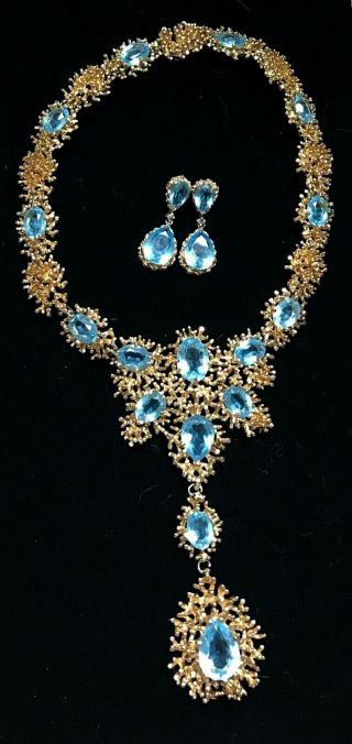Vtg Panetta Set Statement Necklace & Earrings Gold Tone Blue Stone Signed Repair