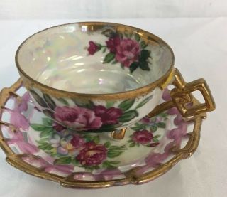 3 Footed Tea Cup And Saucer Set Napco China Iridescent Sd179 Pink Red Flowers