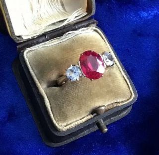 Gorgeous Antique Art Deco 9ct Gold Pink & White Sapphire 3 Stone Ring