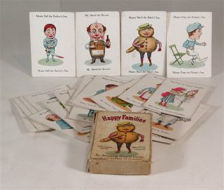 1910s Chromolithograph Boxed Card Game " Happy Families " Comic Caricature Cards