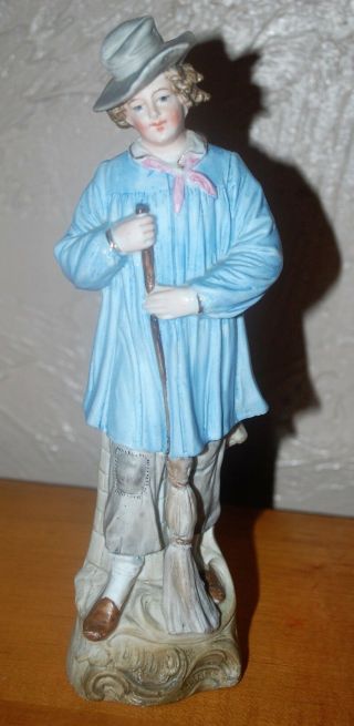 Antique Bisque Chimney Sweep Figure Statue Of Man Blue Coat & Broom 9.  5 " Tall