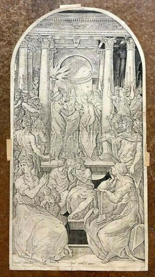 Antique 16th C.  Giovanni Jacopo Caraglio Engraving,  Marriage Of The Virgin