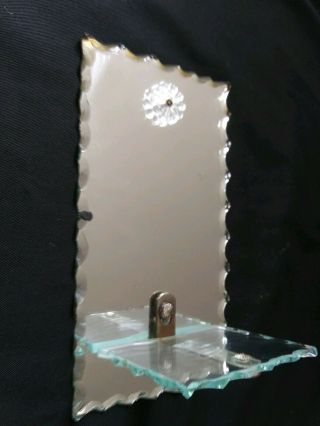 Vtg Antique Mm&g Pie Crust Scalloped Beveled Edge Mirror Wall Hanging W/ Shelf