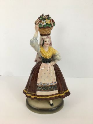 Vintage Porcelain Figurine Lady With Basket Of Flowers Signed 