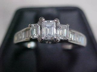 Estate 1.  22ctw Natural Three Emerald & Baguette Cut Diamond Ring 14k White Gold