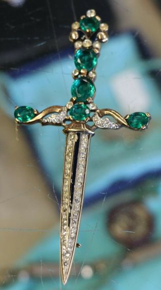 Vintage Enameled Trifari Alfred Philippe Sword Pin Green And Clear Stones