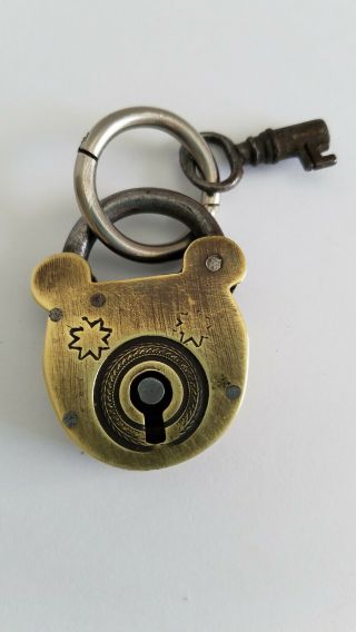 Antique Vintage Small Brass Padlock Lock With Key