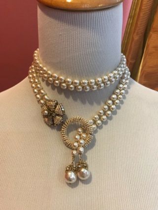 Sign Miriam Haskell Baroque Pearls Rhinestone 2/strands Flower Necklace Jewelry