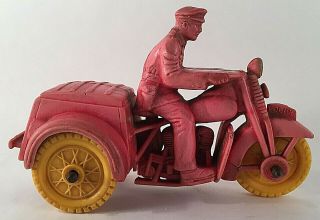 Antique Auburn Toy Policeman On Tri - Motorcycle / Rubber Made In Usa / 4 " Long