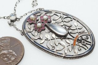 ANTIQUE SILVER ENAMEL MOONSTONE RUBY ART NOUVEAU PENDANT THEODOR FAHRNER c1910 3