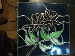 Vintage Leaded Stained Glass Window Panel Pane Blue Green Floral 11 " X 11 "