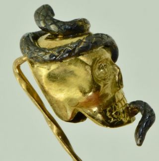 Rare Antique Victorian 18k gold Skull&Silver Snake Tie Pin c1850 10