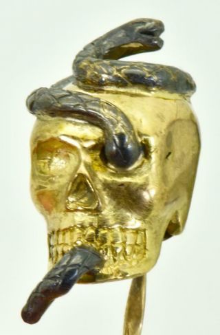Rare Antique Victorian 18k Gold Skull&silver Snake Tie Pin C1850
