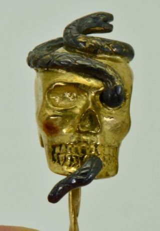 Rare Antique Victorian 18k gold Skull&Silver Snake Tie Pin c1850 7