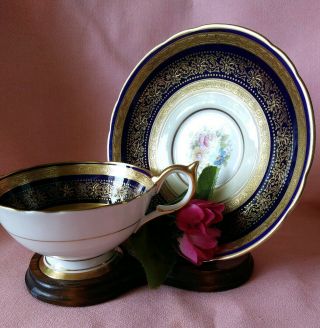 Vintage Aynsley Blue & Gold W/florals Bone China Tea Cup & Saucer Set England