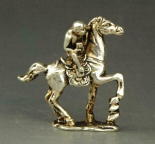 Chinese Old Tibet Silver Hand - Carved Propitious Monkey Riding A Horse Statue A01