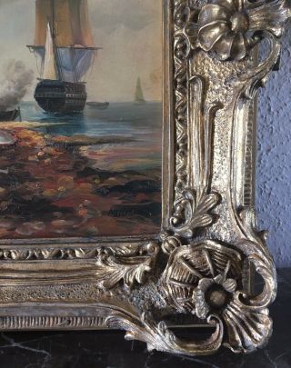 Antique Style Maritime Oil Painting European Ship Vessels in Bay Signed Framed 7