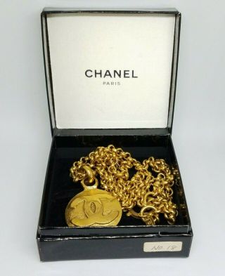 Authentic Rare Vintage Chanel Cc Logo Gold Round Necklace Pendant Chain