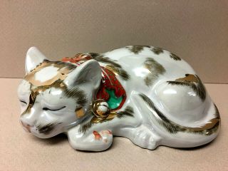 Vintage Kutani Sleeping Cat Figurine - 8”