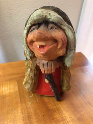 Henning Folk Art Norway Hand Carved Wood Grinning Old Woman Troll W/ Stick