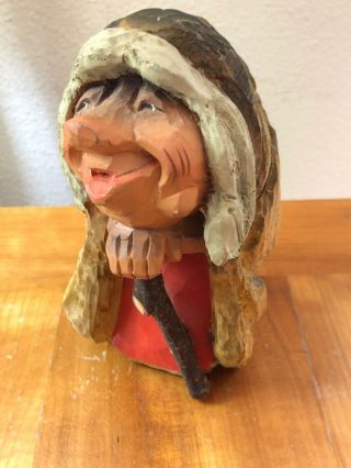 HENNING Folk Art Norway Hand Carved Wood Grinning Old Woman Troll w/ Stick 2