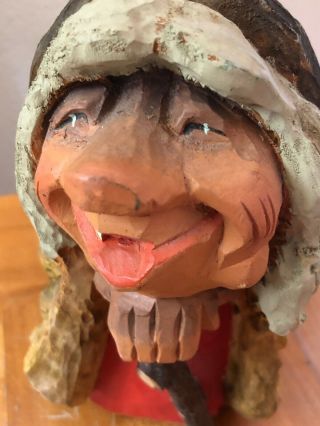 HENNING Folk Art Norway Hand Carved Wood Grinning Old Woman Troll w/ Stick 3