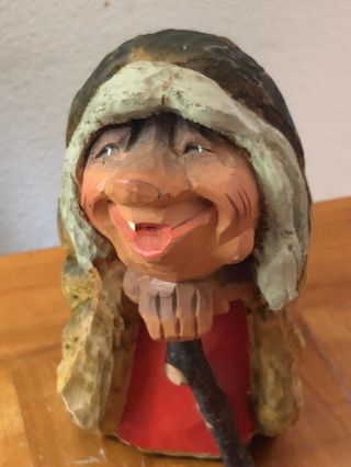 HENNING Folk Art Norway Hand Carved Wood Grinning Old Woman Troll w/ Stick 4