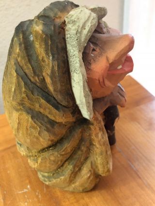 HENNING Folk Art Norway Hand Carved Wood Grinning Old Woman Troll w/ Stick 5