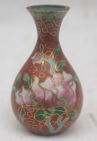 Antique Japanese 19th Century Cloisonne Miniature Red Pink Green Vase 6cm High