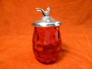 Vintage Red Dot Cranberry Glass Pickle Castor Jar Bird Lid Cotton Swab Holder