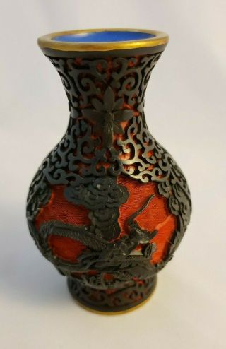 Vintage Chinese Cinnabar Enamel Carved Vase Black On Red Dragons 20th C
