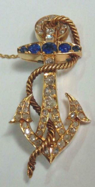 Antique Gold Anchor Brooch Set With Sapphires And Diamonds