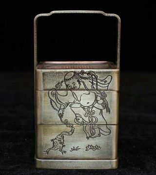 Collectable Old Miao Silver Hand Carve Buddha & Flower Souvenir Three Layers Box