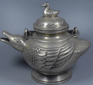Auspicious Rare China Collectable Handwork Miao Silver Carve Vivid Duck Tea Pots