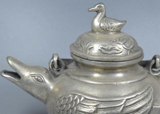 Auspicious Rare China Collectable handwork Miao Silver Carve Vivid Duck Tea Pots 2