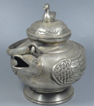 Auspicious Rare China Collectable handwork Miao Silver Carve Vivid Duck Tea Pots 3