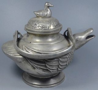 Auspicious Rare China Collectable handwork Miao Silver Carve Vivid Duck Tea Pots 5