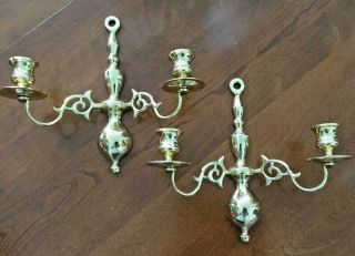 Two Classic Colonial Style 2 Arm Shiny Brass Wall Sconces 2