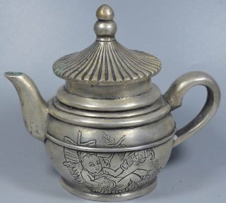 Collectable Ancient Handwork Miao Silver Carve Guanyin Boy Decor Tower Tea Pot