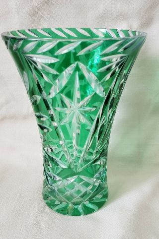 Large Bohemian Green Cut Crystal Glass Vase -
