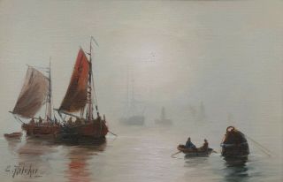 Misty Morning on the Thames Antique Oil Painting by Edwin Fletcher (1857 - 1945) 2