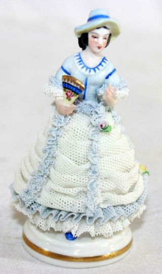 Mz Dresden Ireland Porcelain Lace Pretty Lady W/ Fan In Blue & White Lace Dress