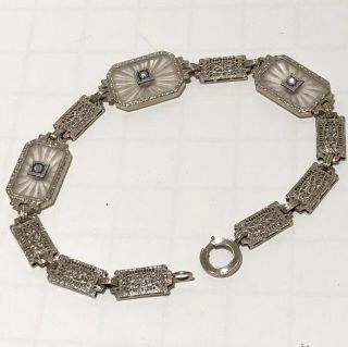 Antique Art Deco Filigree 14k White Gold Camphor Glass Diamond Bracelet
