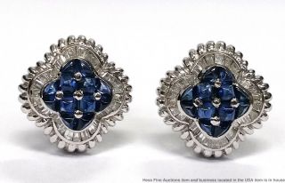 Vintage 18k White Gold Fine Diamond Natural Blue Sapphire Omega Back Earrings