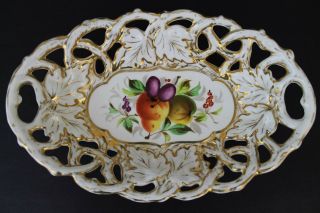 Antique C.  T.  Germany Reticulated Porcelain Gold Gilt Fruit Decor Basket Bowl