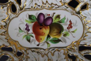 Antique C.  T.  Germany Reticulated Porcelain Gold Gilt Fruit Decor Basket Bowl 2