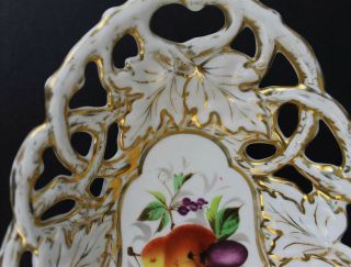 Antique C.  T.  Germany Reticulated Porcelain Gold Gilt Fruit Decor Basket Bowl 3